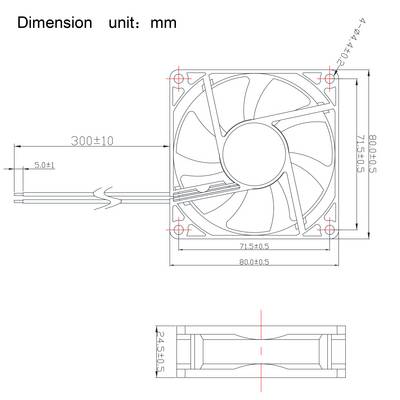 Technical drawing of a fan with dimensions: 80x80 mm in the front view, 25 mm in the side view. Dimensions in millimetres.