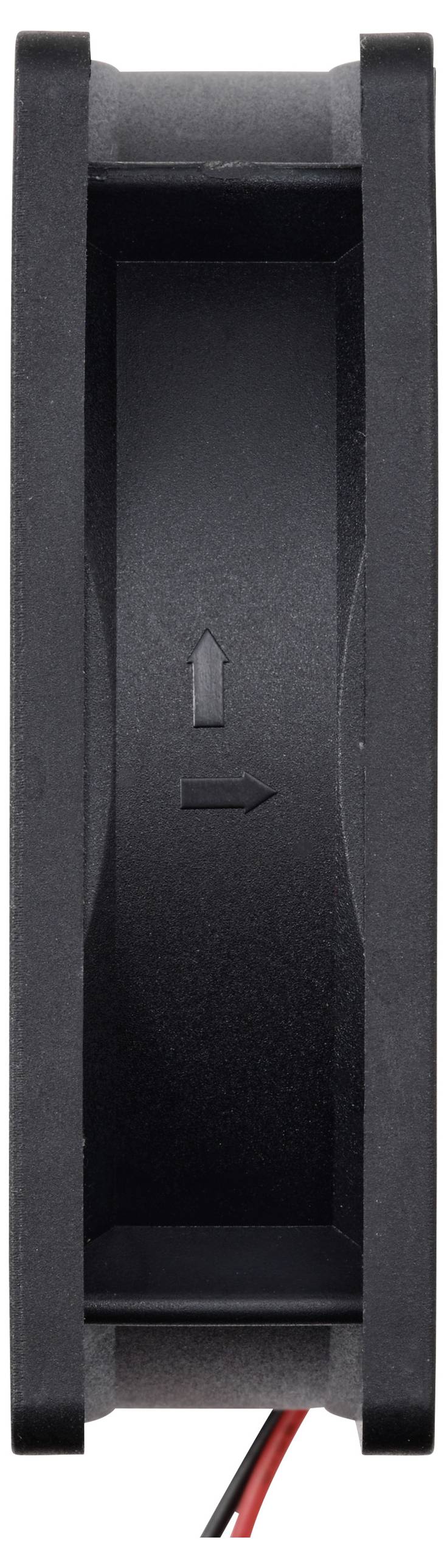 A black computer fan in side profile with arrows indicating the direction of airflow.