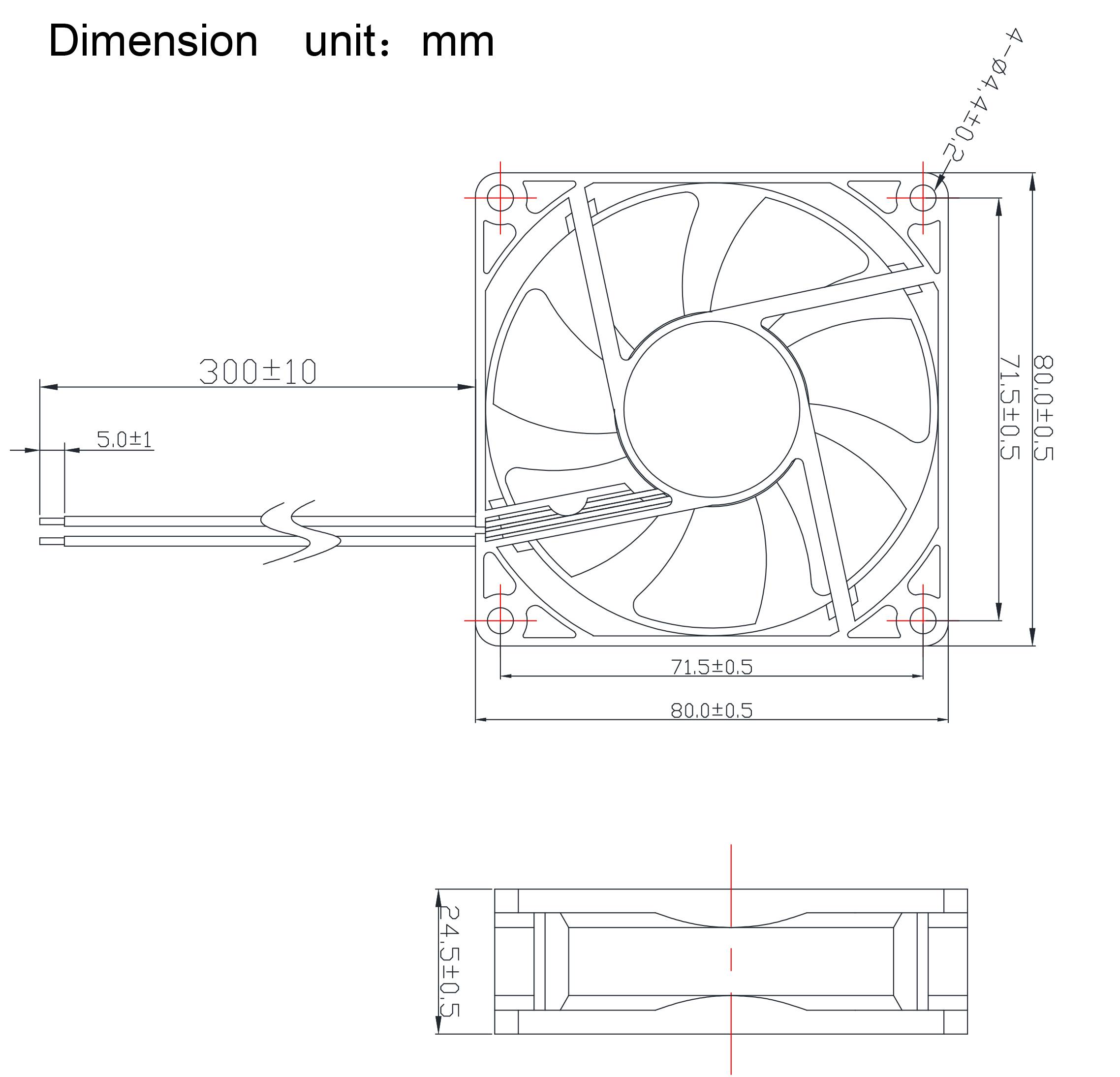Technical drawing of a computer fan. Dimensions: 80 mm width, 80 mm height, 25 mm depth. Shows mounting points and cables.
