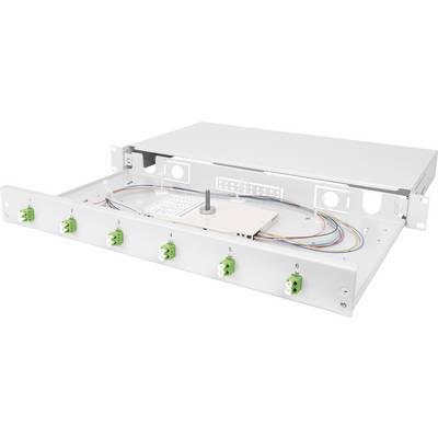 Fibre optic patch panel with six green ports and coloured cables in an open metal frame.