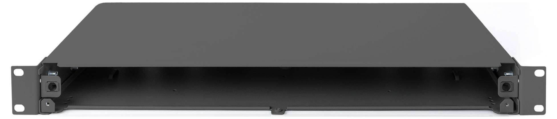 Black, rectangular server rack enclosure with open front mounting brackets, suitable for installation in a server cabinet system.