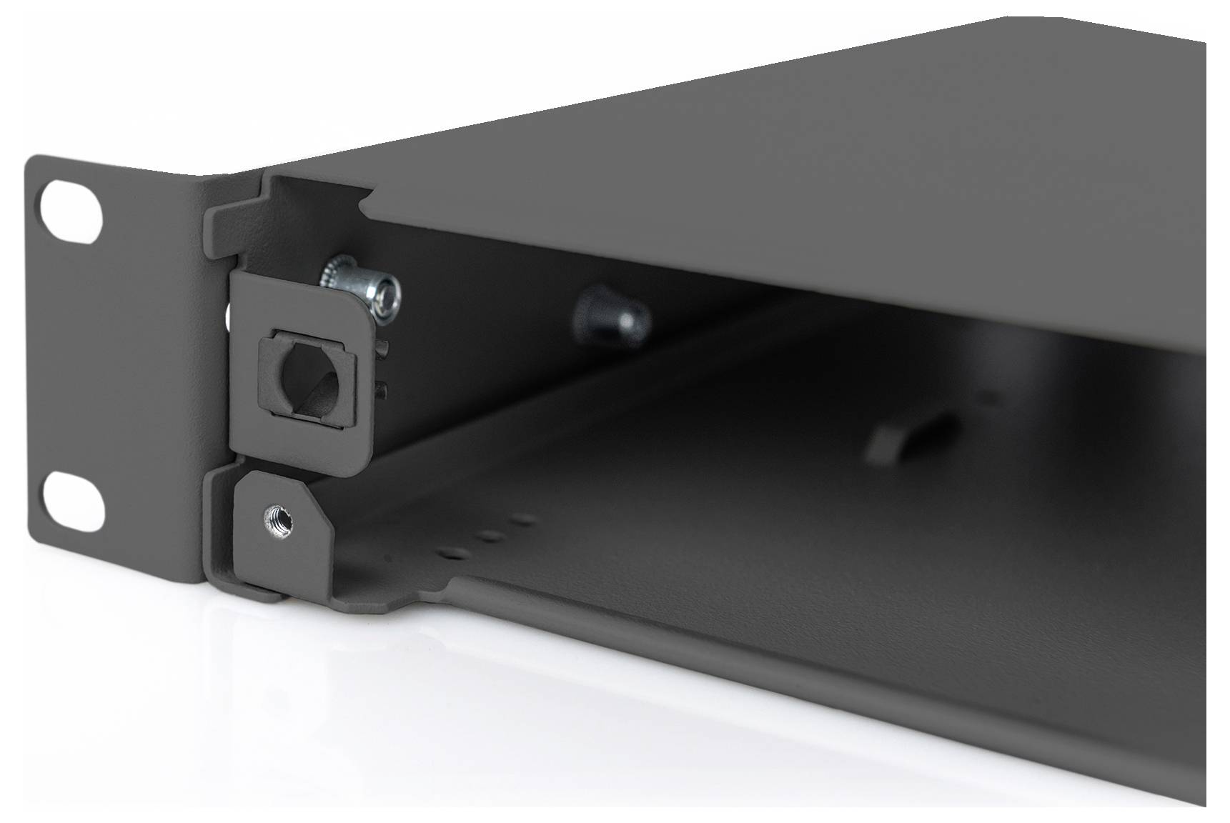 Metal enclosure with screw mounting, suitable for installation in a rack, shows detailed view of the mounting element.