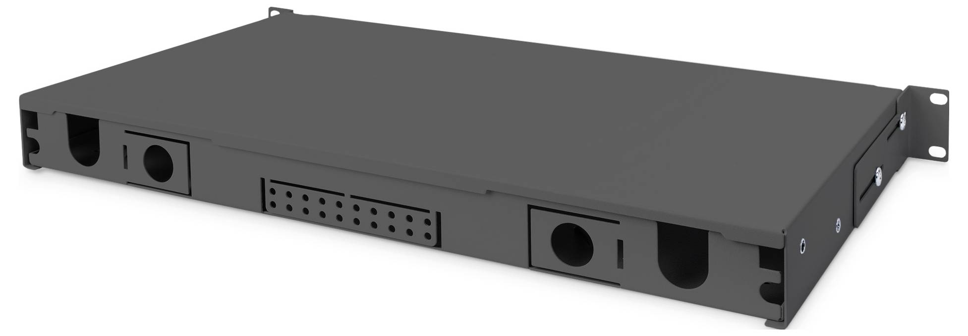 A flat, black metal enclosure attachment with various openings and screw holes, suitable for electronic components.