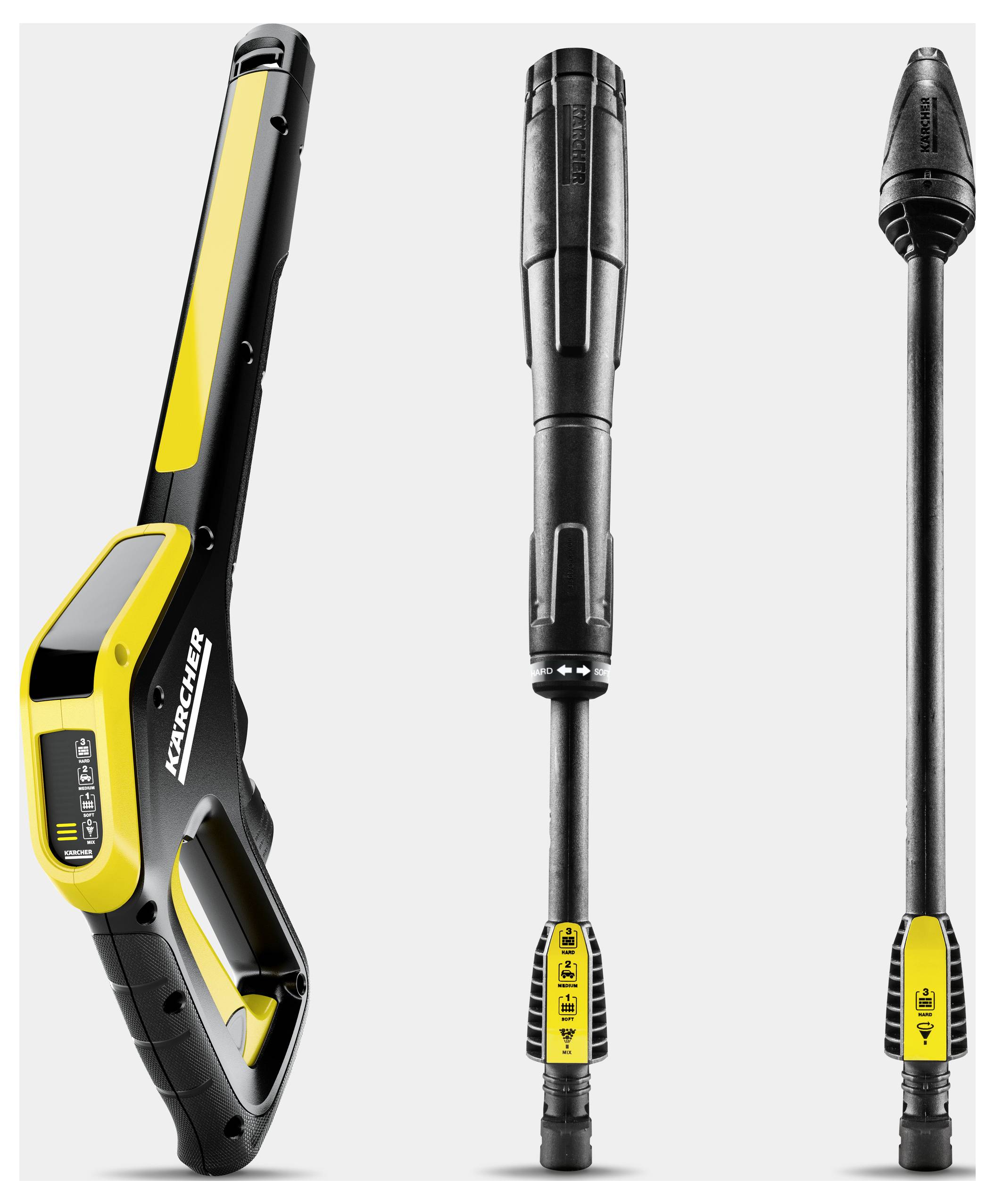 Parts of a pressure washer: a gun, a Vario Power Jet lance and a dirt cutter lance, all in black and yellow.