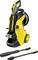 Yellow and black pressure washer with handle, hose reel and two nozzle attachments, suitable for surface cleaning.