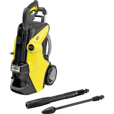 'Kärcher K7 Pressure Washer in Yellow and Black with Two Nozzle Attachments. Designed for Heavy-Duty Outdoor Dirt Removal.'