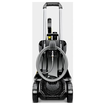 A pressure washer with hose reel holder and long handle; mobile with robust wheels. Ideal for outdoor cleaning tasks.