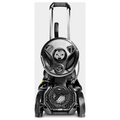 Pump trolley with hose, suitable for transporting liquids or pumping out, fitted with smooth-running wheels and a handle.