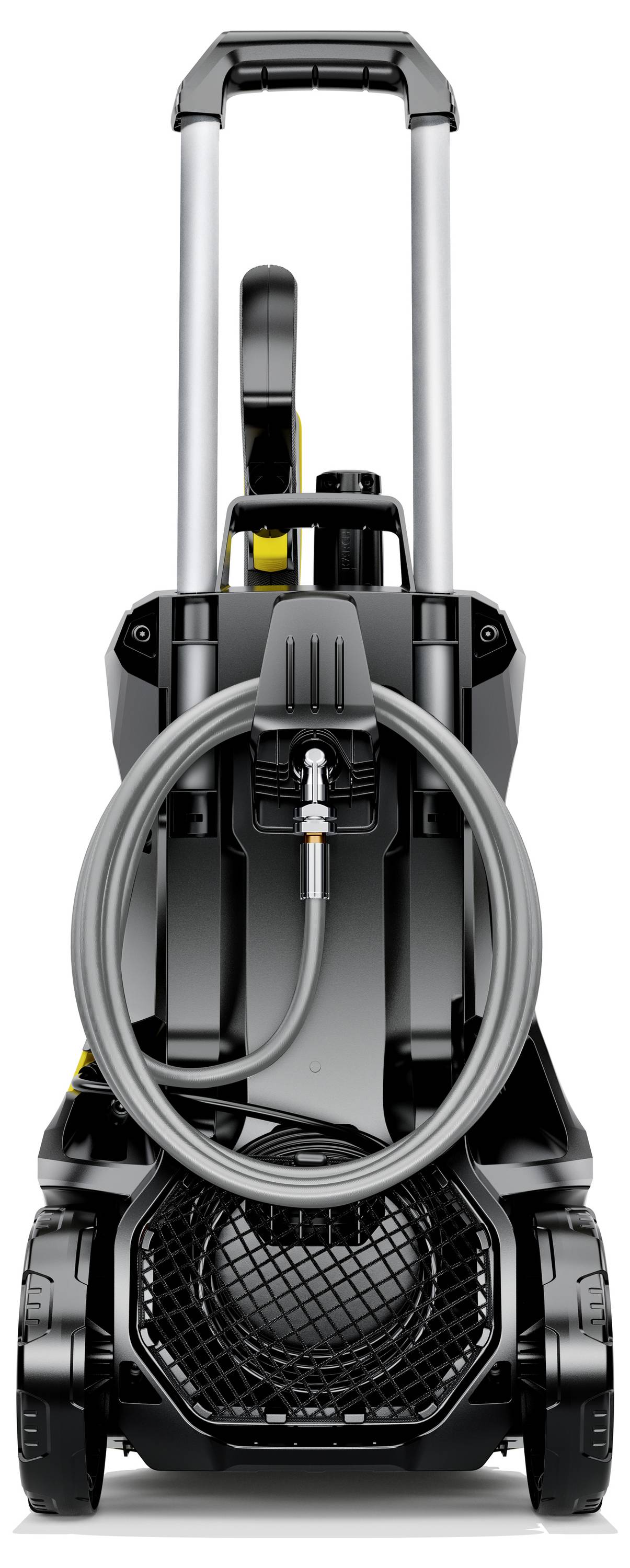 'A black high-pressure washer with handle, hose winding mechanism and large wheels for easy mobility.'