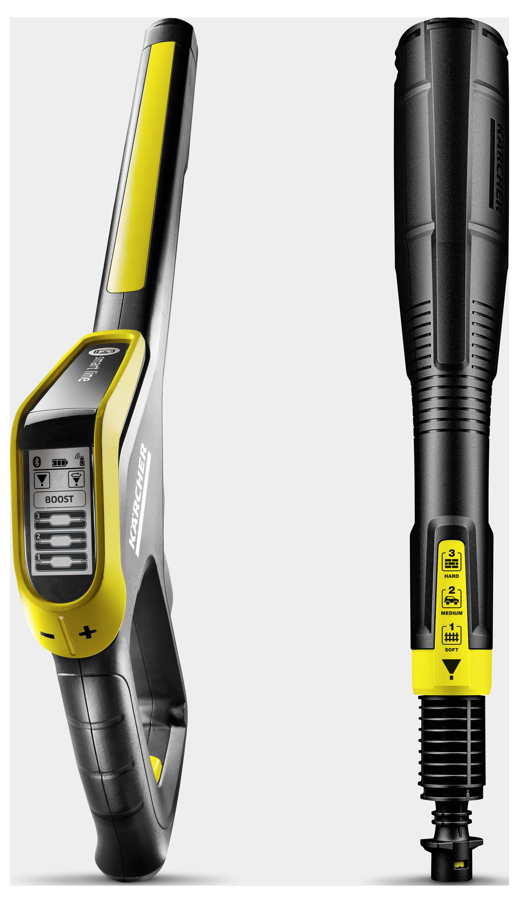 A portable high-pressure washer with yellow and black elements, a digital display, and control buttons.