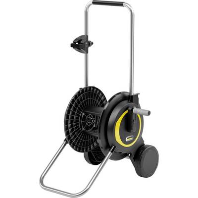 A mobile hose reel with a large spool and handle. It has wheels for easy transport and is black with yellow accents.