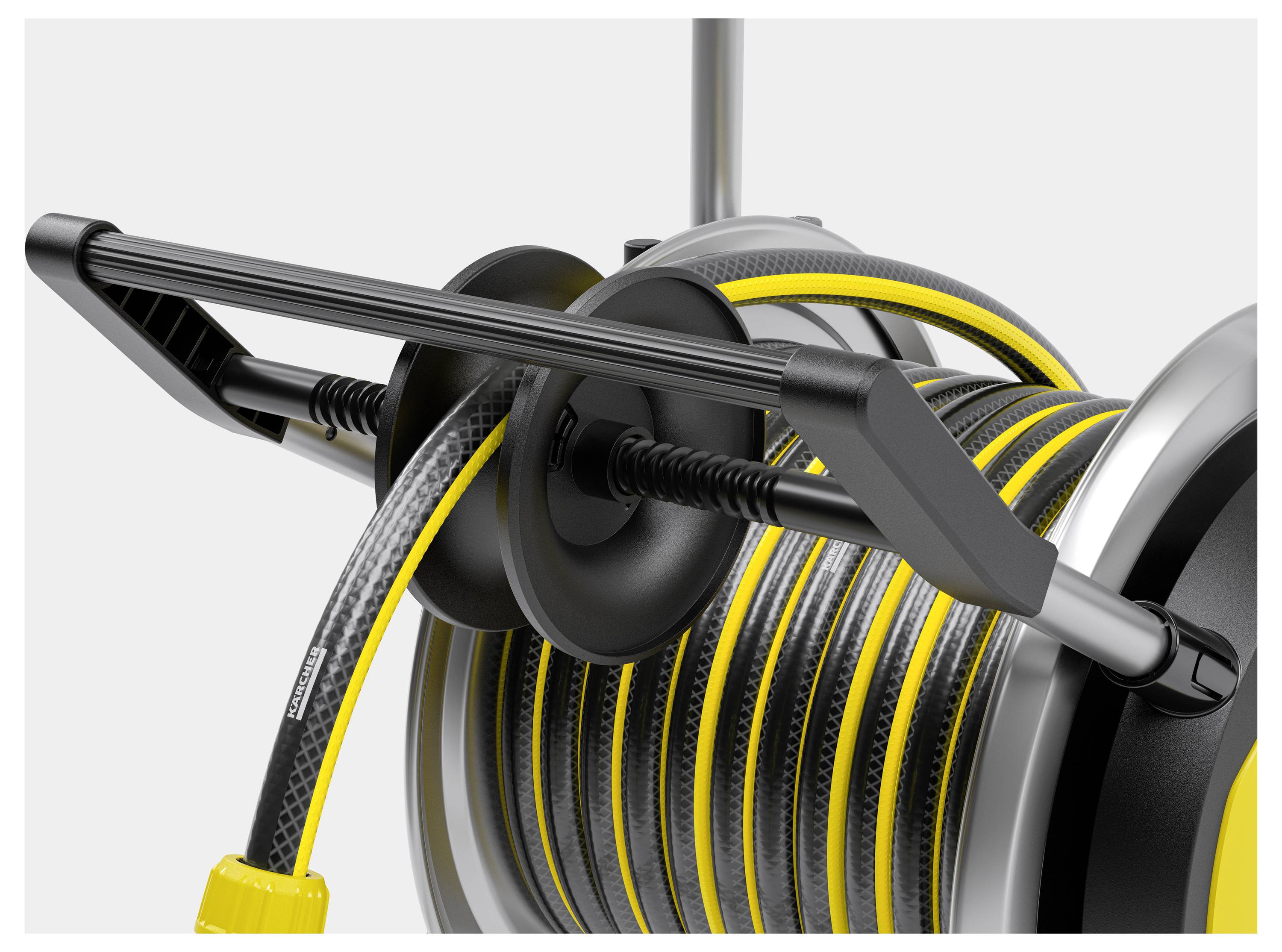 Garden hose on a hose reel with a crank for storage and easy handling. Hose in black and yellow.