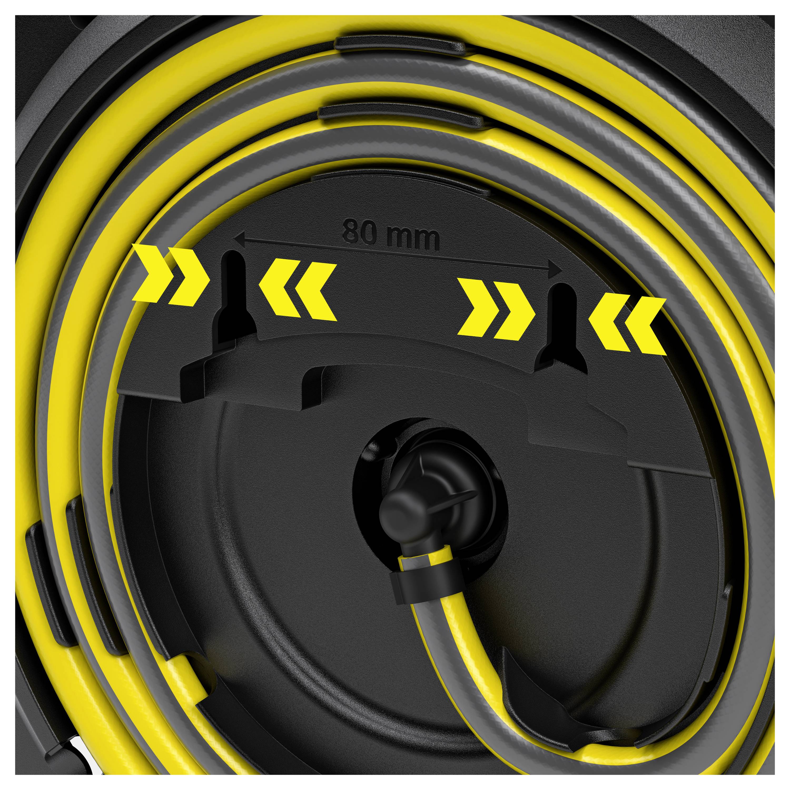 Cable drum with yellow and black design and measurement marking of '80 mm'. A yellow cable is wound around it.