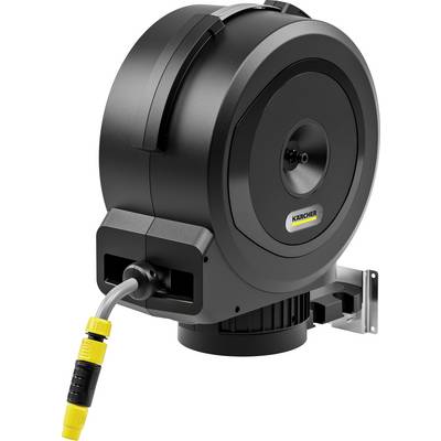 Black, wall-mounted hose reel with yellow hose connection. KÄRCHER logo visible on the reel.