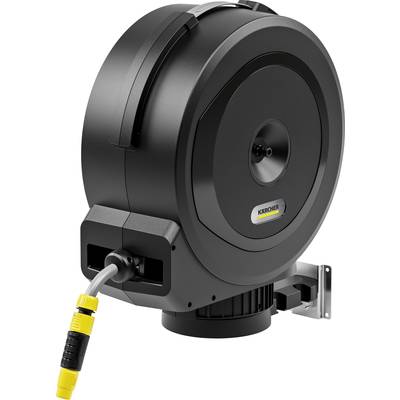 Black automatic garden hose reel with yellow connector, mounted on a wall bracket.