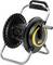 Yellow and black hose reel with a crank handle, mounted on wheels for flexible movement. Suitable for winding garden hoses.