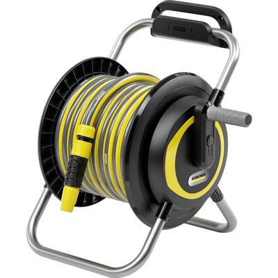 Yellow and black hose reel with handle and hose, mounted on a silver frame.