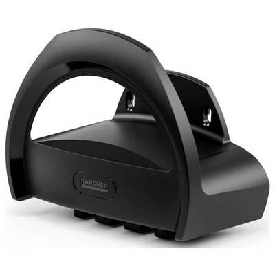 Wall-mounted hose holder with an ergonomic handle, side mounting options, and a sleek black design.