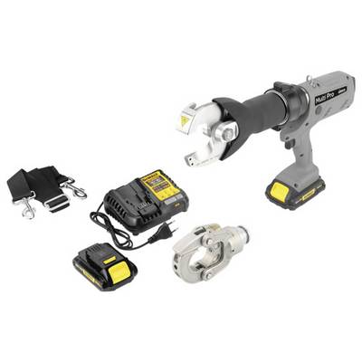 Electrohydraulic cutting apparatus with charger, two interchangeable cutting heads and carrying strap, for industrial applications.