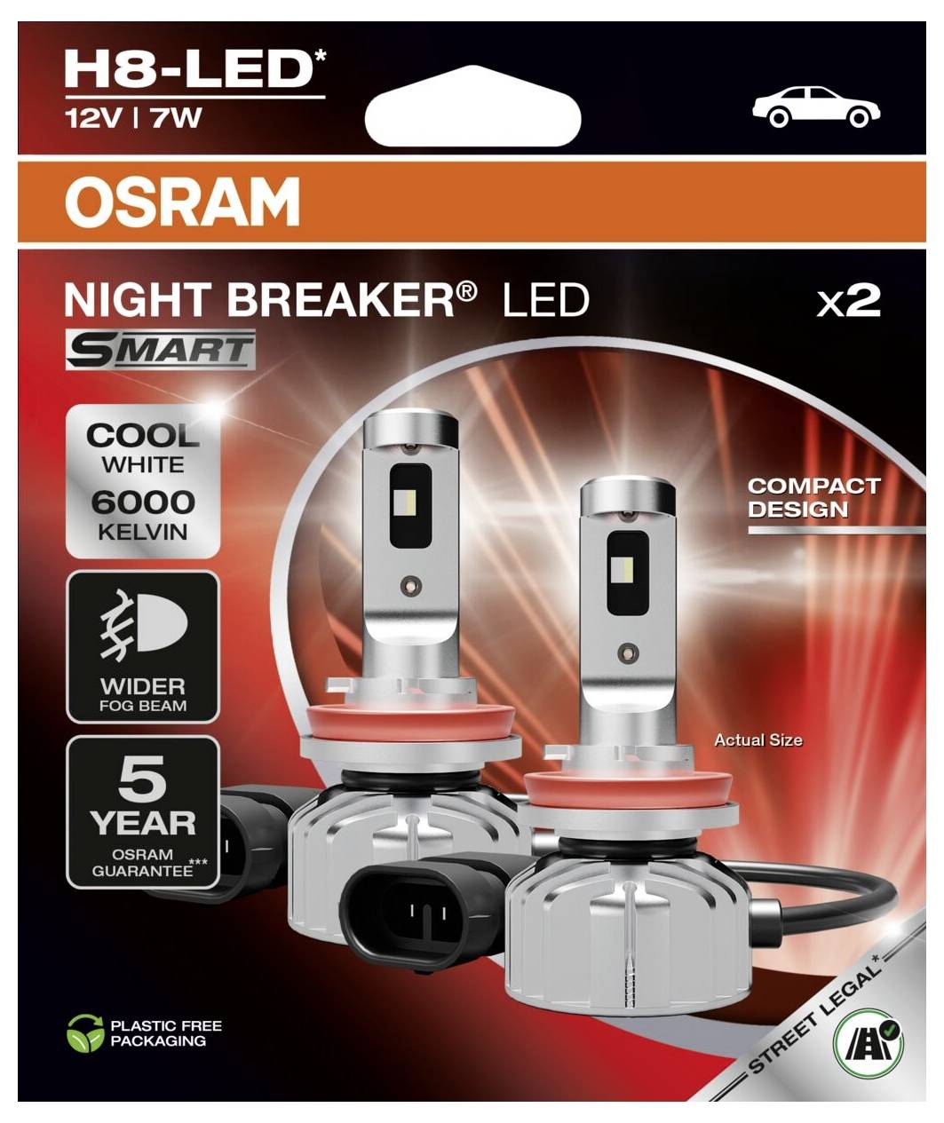 Two OSRAM H8-LED 'Night Breaker' lamps in packaging. Features: Cool White 6000 Kelvin, wider light beam, 5-year warranty.