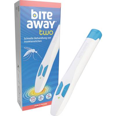 'Bite Away two' device for rapid treatment of insect bites, pictured next to its product packaging featuring a mosquito motif.
