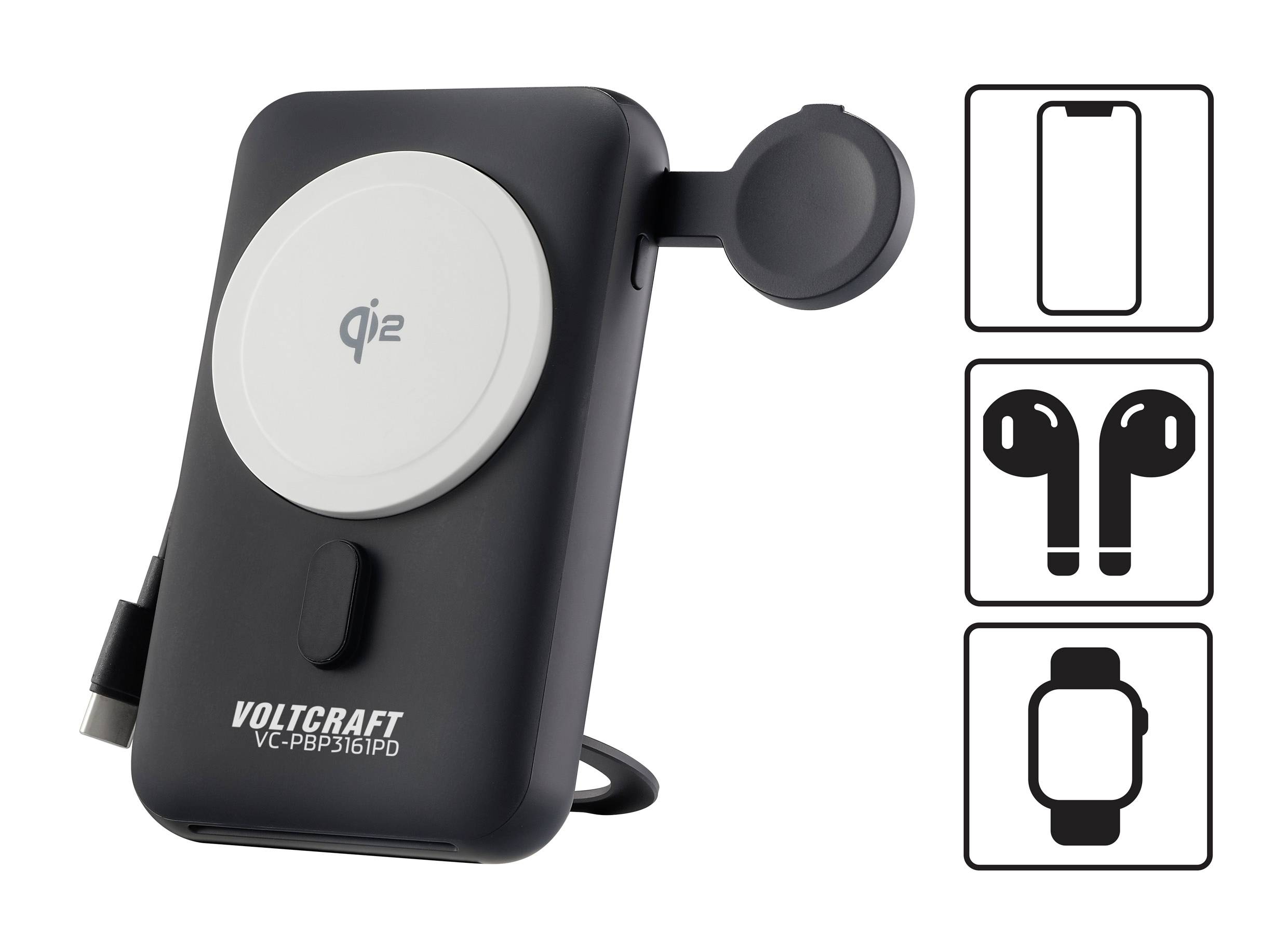Portable charging pad with Qi wireless charging surface, Lightning port and USB-C cable, compatible with smartphones, headphones and watches.