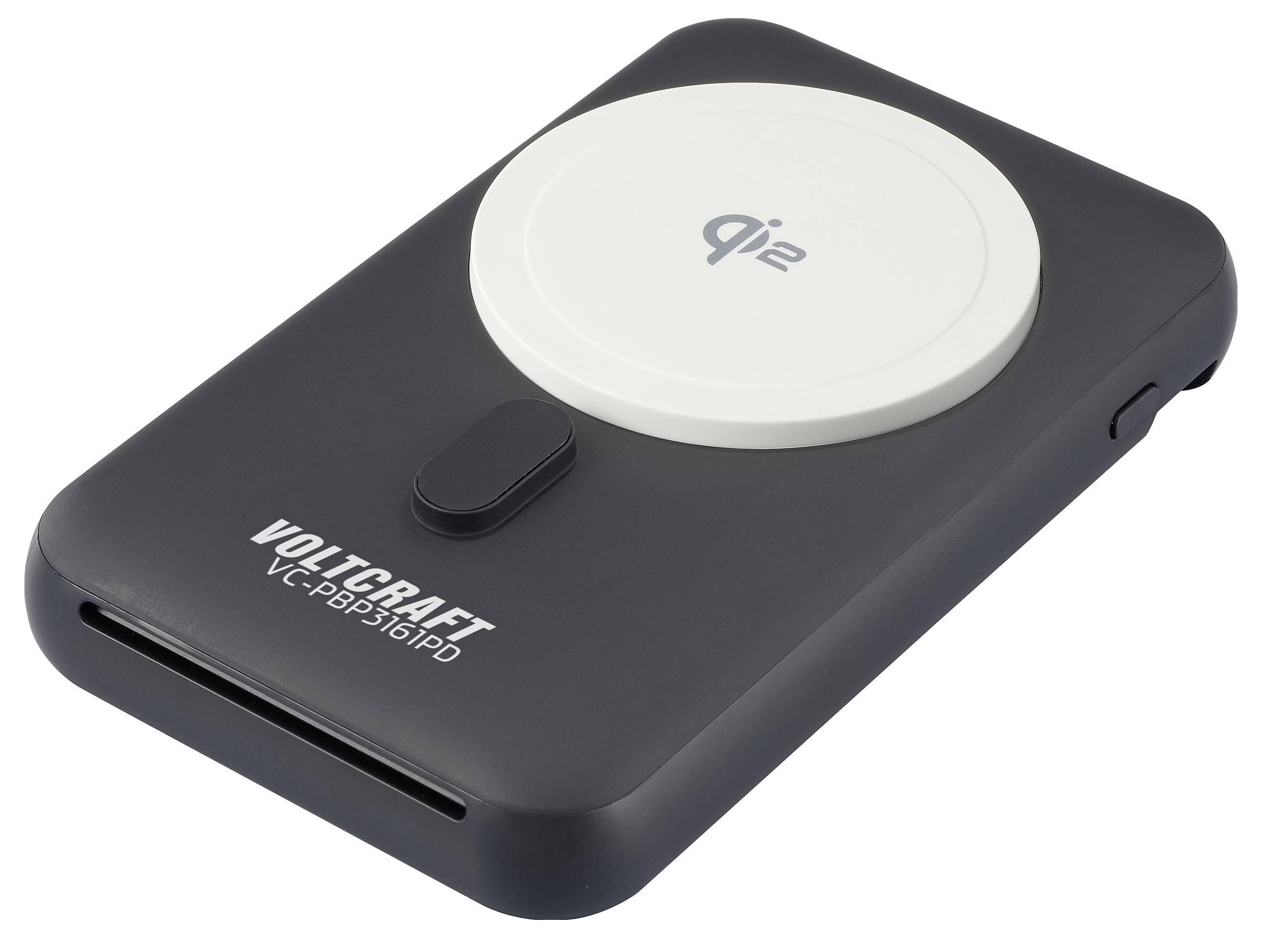Black power bank with 'qi2' printed at the top and 'VOLTCRAFT VC-PBB316IPD' at the bottom. It has a rounded rectangular shape.