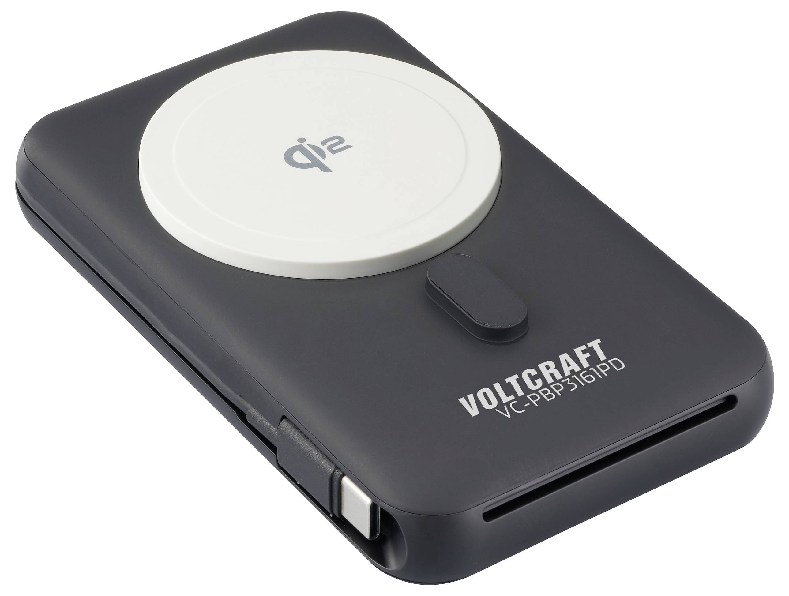'Qi2 wireless charger by Voltcraft, model VC-PB1316PD, in black. Portable design with integrated cable connection.'