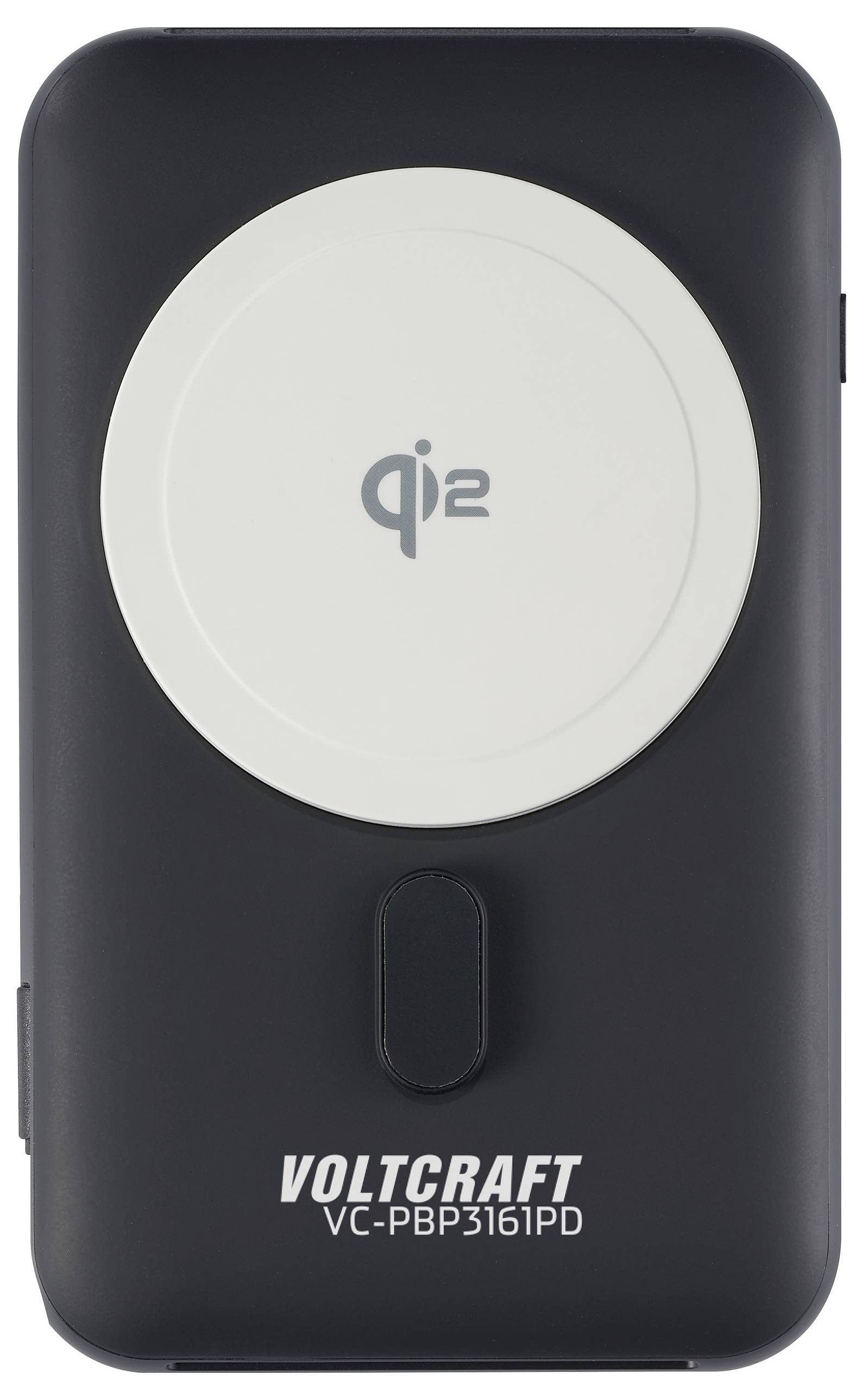 Black power bank by Voltcraft with 'qi2' printed on the top surface, model number VC-PBP3161PD.