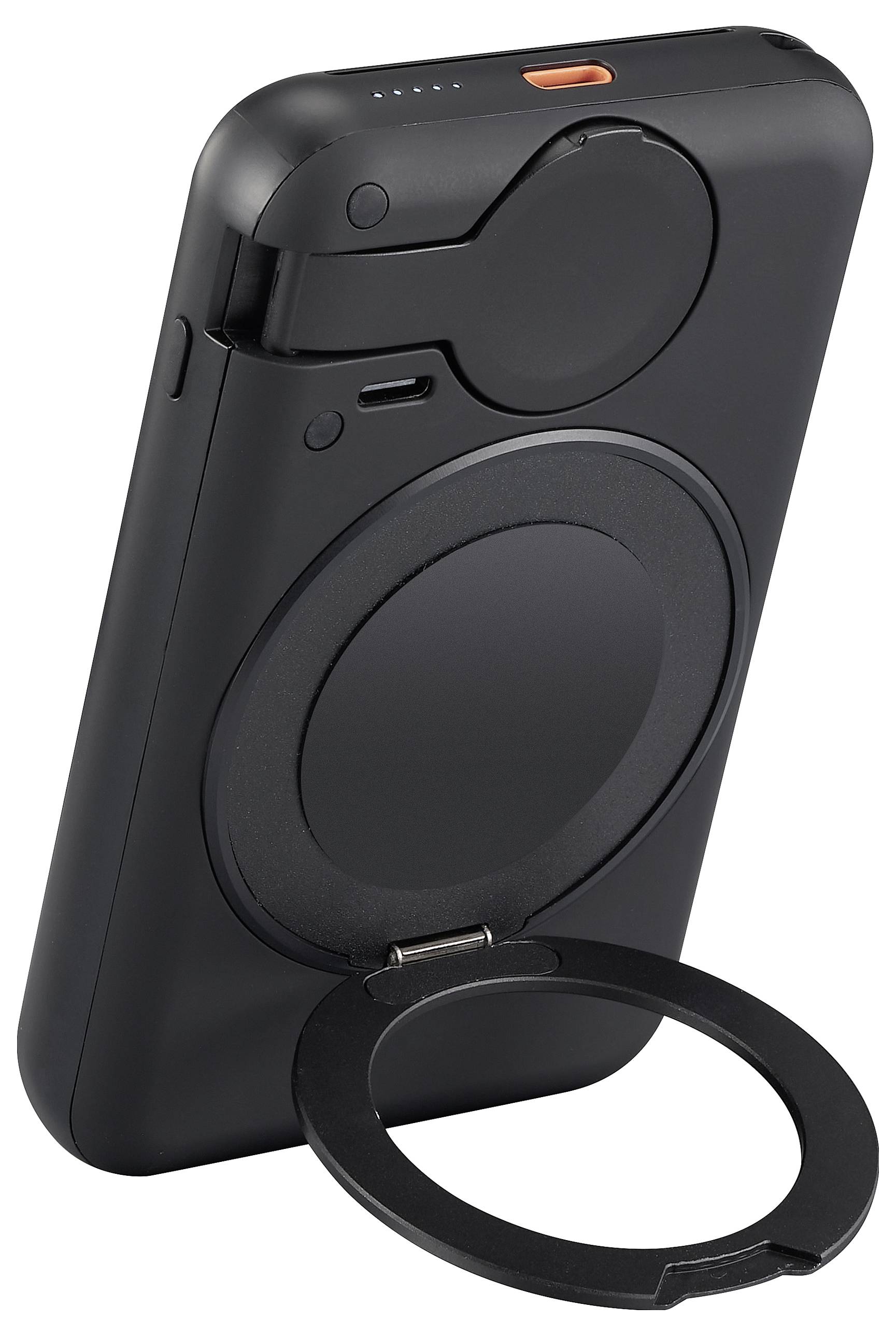 A black portable power bank with an integrated charger and folding stand. LED indicators for battery status are located on the top.