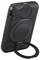 A black portable power bank with an integrated charger and folding stand. LED indicators for battery status are located on the top.