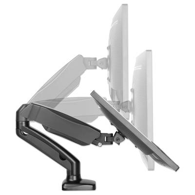 A monitor arm with adjustable mounting shows various positions of a monitor from upright to tilted.