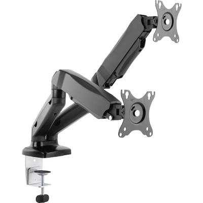 Monitor stand for two screens with adjustable arms, which attaches to a desk using a clamp.