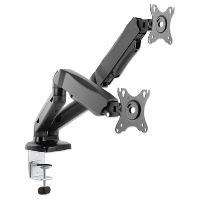 Double monitor arm in black, mounted on a desk. Flexible joints allow various screen positions.