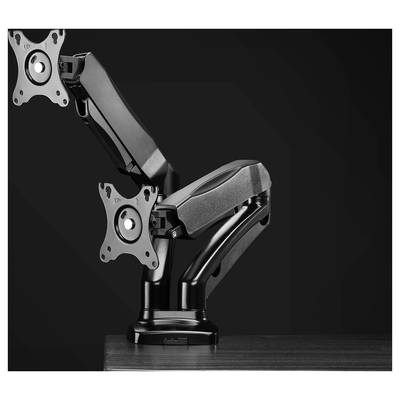 Metal dual monitor arm, mounted on a desk. The arms are height-adjustable and allow flexible screen positioning.