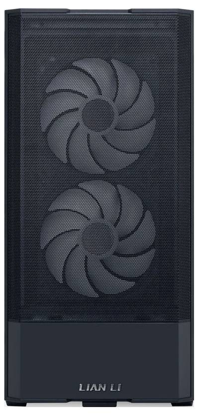 Black computer case with mesh front, two large fans visible. Brand name 'Lian Li' positioned at the bottom.