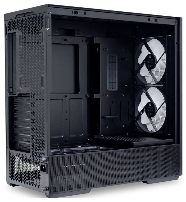 Black, empty PC case with visible fans, mesh side panels, and multiple expansion slots for hardware components.