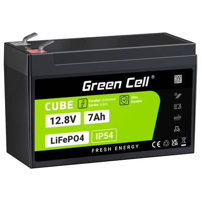 Black battery enclosure by Green Cell with a green label, displaying specifications: '12.8V, 7Ah, LiFePo4, IP54', suitable for advanced applications.