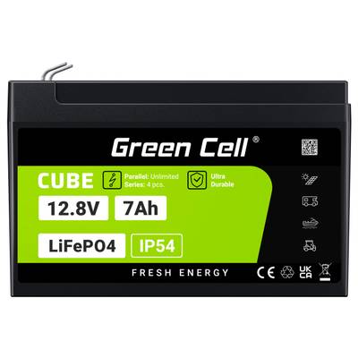'Green Cell CUBE' Lithium Iron Phosphate Battery, 12.8V, 7Ah, IP54. Displays parallel connection properties and durability symbols.