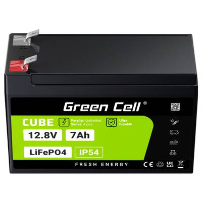 Black battery with green label: 'CUBE 12.8V 7Ah LiFePO4'. Symbols for series/parallel connection and IP54 protection rating.