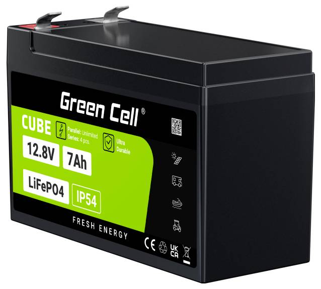Black LiFePO4 Battery by Green Cell with 12.8V, 7Ah. Text 'Green Cell' and IP54 protection rating symbols.