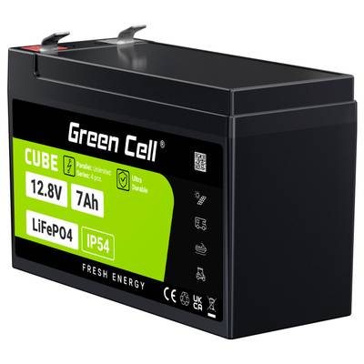 Black LiFePO4 Battery by Green Cell with 12.8V, 7Ah. Text 'Green Cell' and IP54 protection rating symbols.