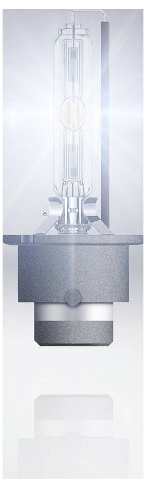 Xenon car lamp with a cylindrical glass bulb and metallic base, emitting brilliantly bright white light, vertically positioned.