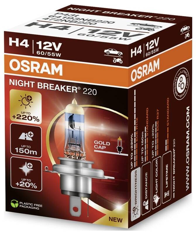 'Osram Night Breaker 220, H4 12V Car Headlamp Bulb, up to 220% more brightness, up to 150m range, gold cap, plastic-free packaging.'
