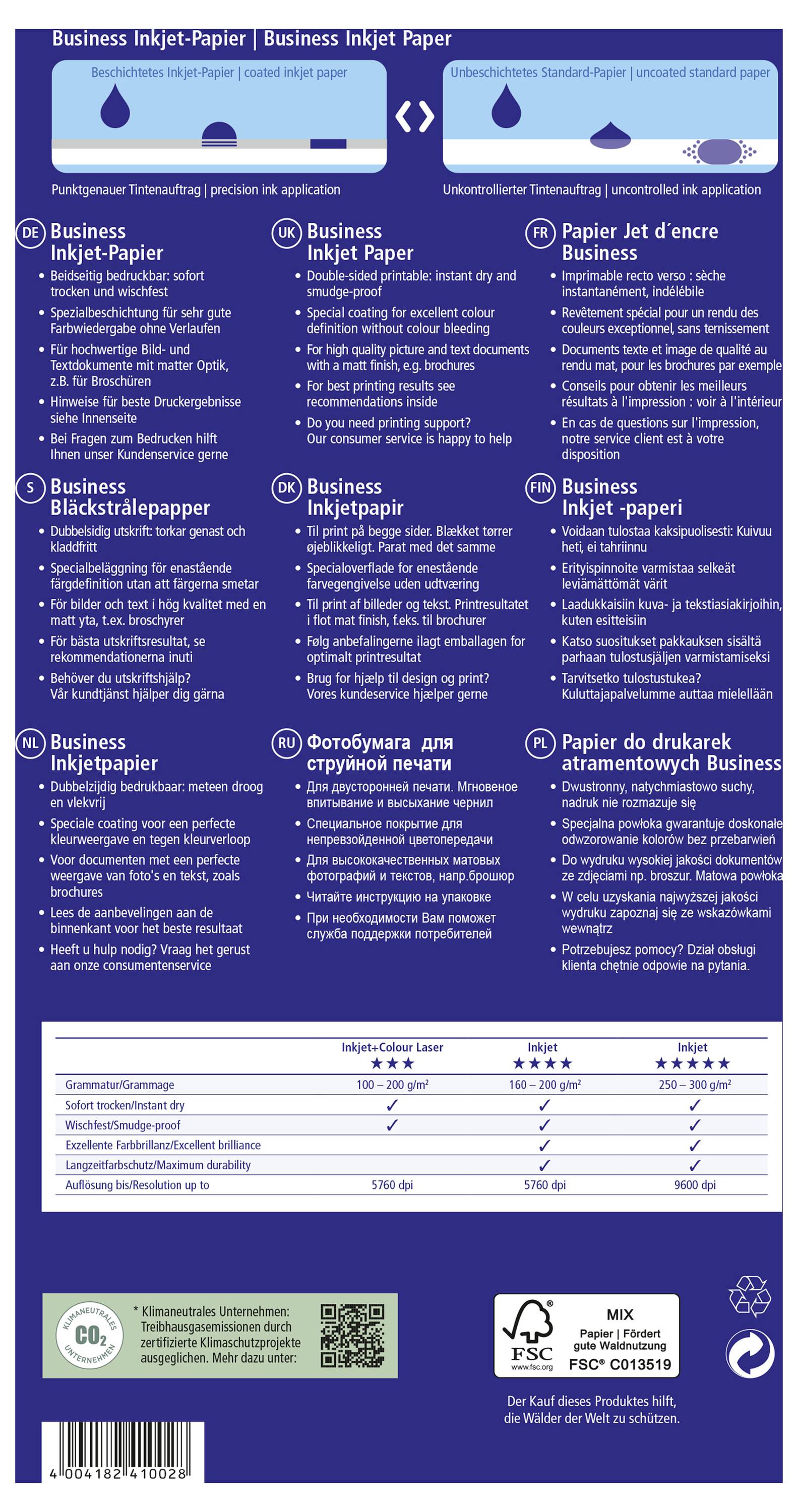 'Business Inkjet Paper' packaging with product details in multiple languages. Contains symbols for environmental friendliness and FSC certification.
