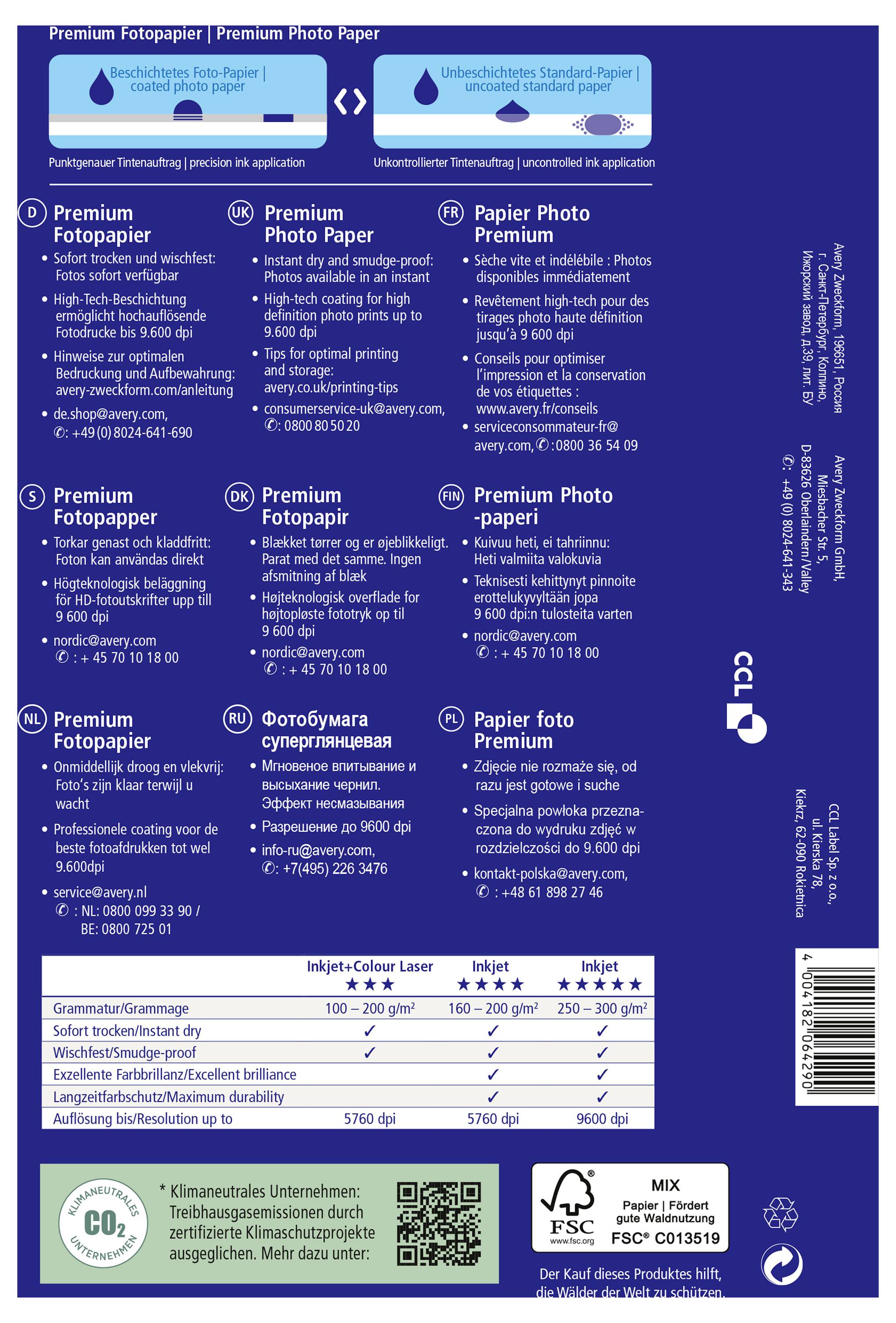 Back of a photographic paper packaging with product information in multiple languages, specifications, and symbols for environmental standards.