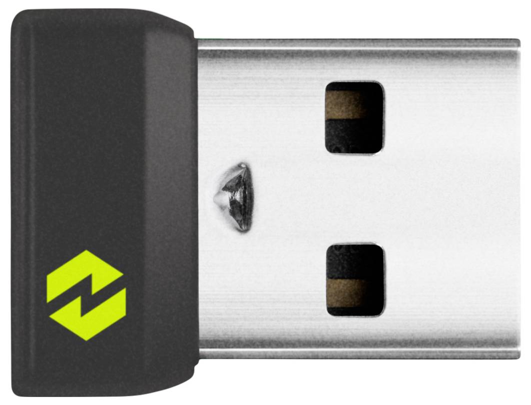 Small USB dongle with a black plastic casing and green logo on the left side, suitable for wireless connections.