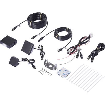 Parking Assistance Kit with cables, sensors, mounting bracket, screws, double-sided adhesive tape, and cable ties, for vehicle installation.