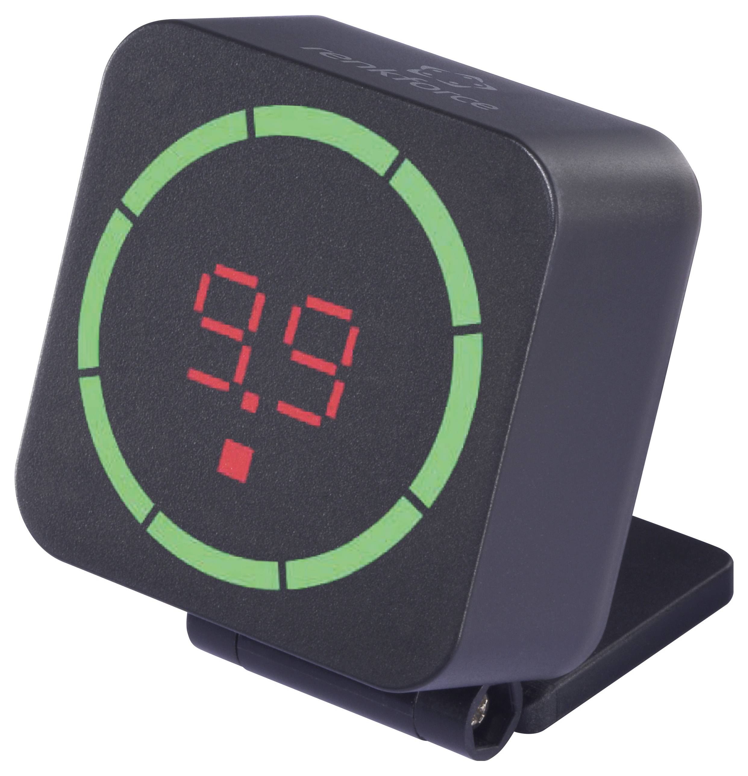 A digital measuring device displays '9.9' in a red LED display on a black background, surrounded by a green ring for status indication.