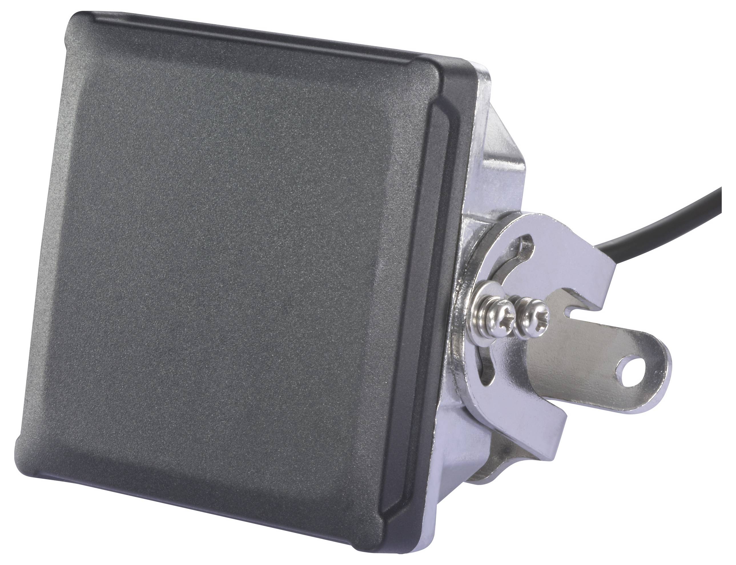 A square, black sensor is mounted on a metallic bracket. A cable extends from the sensor to the right.